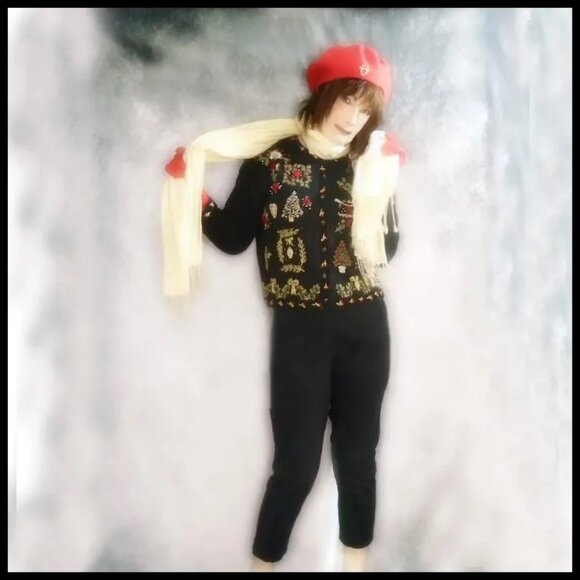 Black Christmas Sweater Lavish Ornate NOT UGLY Holiday Tiara Vintage - Picture 7 of 15